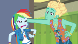 Size: 1280x720 | Tagged: safe, screencap, rainbow dash, zephyr breeze, equestria girls, equestria girls series, g4, overpowered (equestria girls), arms, bare arms, canterlot high, clothes, do not want, door, faic, hallway, jacket, lockers, manbun, rainbow dash is best facemaker, vest, zephyr's necklace