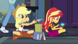 Size: 1280x720 | Tagged: safe, screencap, applejack, sunset shimmer, equestria girls, g4, my little pony equestria girls: better together, the finals countdown, book, clothes, cute, faic, game, shoes, sneakers, video game