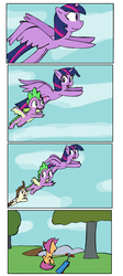 Size: 2794x6261 | Tagged: safe, artist:helsaabi, pound cake, scootaloo, spike, twilight sparkle, alicorn, dragon, pegasus, pony, g4, molt down, colt, comic, female, filly, flying, male, mare, no dialogue, rock, scootaloo can't fly, scooter, sky, tree, twilight sparkle (alicorn), winged spike, wings