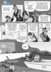 Size: 1200x1697 | Tagged: safe, artist:pia-sama, rainbow dash, spike, dragon, pegasus, anthro, comic:rogue diamond, g4, adult, adult spike, arson murder and jaywalking, boat, clothes, comic, crossed arms, female, mare, monochrome, older, older spike, revy dash, speech bubble