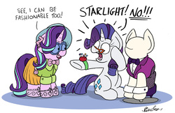 Size: 2433x1574 | Tagged: safe, artist:bobthedalek, rarity, starlight glimmer, pony, unicorn, g4, bowtie, clothes, cuffs (clothes), duo, ear piercing, earring, fashion style, female, jewelry, mannequin, mare, piercing, ponyquin, shirt, shocked, skirt, toy interpretation