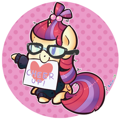 Size: 900x900 | Tagged: safe, artist:talimingi, moondancer, pony, unicorn, g4, chibi, clothes, cute, dancerbetes, female, glasses, heart, mare, mouth hold, paper, positive ponies, raised hoof, solo, sweater
