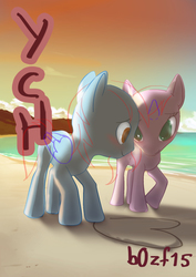 Size: 2152x3044 | Tagged: safe, artist:20zf, advertisement, auction, beach, commission, couple, cute, heart, high res, love, sand, sunset, your character here