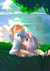 Size: 2000x2828 | Tagged: safe, artist:20zf15, artist:b20zf15, oc, oc only, pegasus, pony, commission, couple, cute, female, finished commission, grass field, high res, in love, love, male, pink, straight, ych result