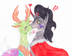 Size: 1024x789 | Tagged: safe, artist:ellielli2, king sombra, thorax, changedling, changeling, pony, unicorn, g4, blushing, cloak, clothes, crack shipping, exclamation point, eyes closed, gay, heart, interrobang, king sombra gets all the stallions, king thorax, kiss on the lips, kissing, making out, male, question mark, shipping, sombra eyes, stallion, thombra, traditional art