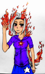 Size: 1944x3217 | Tagged: safe, artist:starwantrix, trixie, human, g4, alternate color palette, alternate hairstyle, alternate universe, cute, fire, humanized, stars