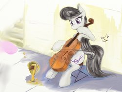 Size: 2400x1800 | Tagged: safe, artist:achmeddb, octavia melody, pinkie pie, earth pony, pony, g4, bits, cello, musical instrument, sad, solo focus, teary eyes, trophy