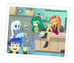 Size: 1363x1161 | Tagged: safe, artist:charliexe, flash sentry, mystery mint, sunset shimmer, thunderbass, trixie, twilight sparkle, wallflower blush, equestria girls, equestria girls series, forgotten friendship, g4, angry, annoyed, boots, clothes, crossed legs, female, frown, high heel boots, high heels, hoodie, leather, leather vest, legs, looking at you, midnight sparkle, pants, photo, photobomb, schrödinger's pantsu, shoes, skirt, smiling, socks, sunset shimmer is not amused, sweater, thighs, unamused, upskirt denied, wallflower blush is not amused