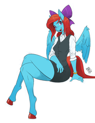 Size: 695x900 | Tagged: safe, artist:zwitterkitsune, oc, oc only, oc:cara swiftwing, pegasus, anthro, unguligrade anthro, adorasexy, anthro oc, bow, clothes, colored sketch, commission, crossed legs, cute, female, hair bow, legs, mare, miniskirt, sexy, shirt, signature, simple background, sitting, skirt, smiling, solo, thighs, vest, white background