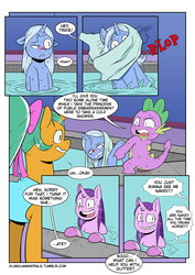 Size: 2894x4093 | Tagged: safe, artist:raph13th, snails, spike, starlight glimmer, trixie, dragon, pony, unicorn, ask glitter shell, comic:glim glam and pals, g4, angry, bow, comic, female, glitter shell, hair bow, male, mare, swimming pool, we don't normally wear clothes, wet mane