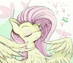 Size: 750x650 | Tagged: safe, artist:achmeddb, fluttershy, butterfly, pegasus, pony, g4, bust, calm, eyes closed, eyeshadow, female, makeup, mare, traditional art, wings