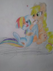 Size: 1024x1365 | Tagged: safe, artist:madfox001, applejack, rainbow dash, g4, blushing, bondage, female, heart, lesbian, rope, rope bondage, ship:appledash, shipping, traditional art