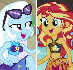 Size: 1204x1148 | Tagged: safe, screencap, sunset shimmer, trixie, equestria girls, equestria girls series, forgotten friendship, g4, belly button, bikini, clothes, midriff, sarong, swimsuit, towel