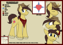Size: 4000x2874 | Tagged: safe, artist:candel, oc, oc only, oc:wanderheart, earth pony, pony, angry, bandana, confused, cowboy hat, hat, male, neckerchief, reference sheet, relaxing, scruffy, size chart, size comparison, stallion, straw, unshorn fetlocks