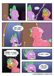 Size: 2893x4092 | Tagged: safe, artist:raph13th, snails, spike, dragon, pony, unicorn, ask glitter shell, comic:glim glam and pals, g4, collaboration, comic, crossover, glitter shell
