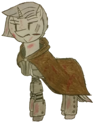 Size: 1299x1675 | Tagged: safe, artist:antique1899, oc, oc only, oc:clear sky, pony, unicorn, fallout equestria, armor, blood, cape, cloak, clothes, fallout equestria: 77, female, frown, glare, mare, prosthetics, scar, simple background, solo, sword, traditional art, transparent background, weapon