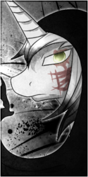 Size: 200x400 | Tagged: source needed, safe, artist:lara, oc, oc only, oc:yiazmat, pony, unicorn, black and white, bust, grayscale, horn, looking at you, male, monochrome, scar, solo, unicorn oc