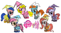 Size: 966x531 | Tagged: safe, artist:omegaridersangou, bright eyes, clover (g1), melody, patch (g1), starlight (g1), sweetheart, earth pony, pegasus, pony, unicorn, g1, g4, my little pony tales, aiko senoo, clothes, cosplay, costume, doremi harukaze, dorie goodwyn, female, filly, g1 to g4, generation leap, hana-chan, hazuki fujiwara, horn, mirabelle p. haywood, momoko asuka, ojamajo doremi, onpu segawa, race swap, reanne griffith, recolor, spread wings, tail, wings, witch apprentice, younger