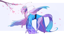 Size: 3100x1699 | Tagged: artist needed, source needed, safe, oc, oc only, oc:empyrea, pegasus, pony, cherry blossoms, cherry tree, clothes, female, flower, flower blossom, kimono (clothing), solo, tree, ych result