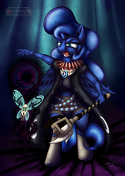 Size: 905x1280 | Tagged: safe, artist:calena, princess luna, alicorn, parasprite, anthro, unguligrade anthro, g4, angry, belt, cape, clothes, fantasy class, game, gem, hand, jewelry, mmorpg, open mouth, patreon, patreon logo, regard horn staff, sapphire, shadow, shadowmancer, staff, tree of savior, wings