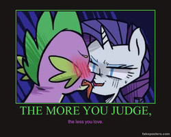 Size: 600x480 | Tagged: safe, artist:kianamai, edit, rarity, spike, g4, demotivational poster, disgusted, female, horrified, kissing, male, meme, poster, ship:sparity, shipping, straight, tongue out