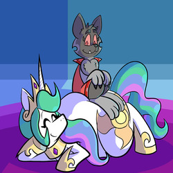 Size: 576x576 | Tagged: safe, artist:pembroke, princess celestia, oc, oc:scoria keeshi, diamond dog, pony, g4, diamond dog oc, female, mare, sitting on person, thiklestia