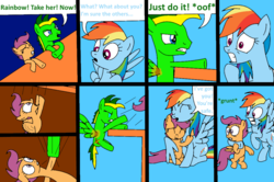 Size: 1020x678 | Tagged: safe, artist:didgereethebrony, rainbow dash, scootaloo, oc, oc:didgeree, comic:wreck of the renaissance, g4, broken wing, comic, crying, needs more saturation, self sacrifice, ship sinking, sinking, sinking ship, tears of pain