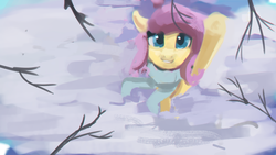 Size: 1920x1080 | Tagged: safe, artist:hierozaki, fluttershy, pegasus, pony, g4, clothes, female, looking up, reaching, scarf, smiling, snow, solo