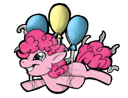 Size: 900x692 | Tagged: safe, artist:kuroryushin, pinkie pie, earth pony, pony, g4, balloon, blank flank, female, filly, floating, simple background, smiling, solo, then watch her balloons lift her up to the sky, watermark, white background, younger