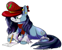 Size: 1436x1174 | Tagged: safe, artist:kuroryushin, oc, oc only, oc:mad munchkin, earth pony, pony, clothes, cutie mark, drawing, ear piercing, earring, female, hair over one eye, hat, jewelry, mare, pencil, piercing, scarf, simple background, smiling, solo, transparent background, unshorn fetlocks