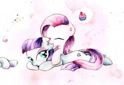Size: 3437x2355 | Tagged: safe, artist:mashiromiku, limestone pie, marble pie, maud pie, pinkie pie, earth pony, pony, g4, cupcake, ear bite, female, food, high res, traditional art, watercolor painting
