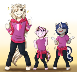 Size: 1057x995 | Tagged: safe, artist:miamaha, oc, oc only, oc:skychaser, anthro, unguligrade anthro, anthro oc, clothes, dancing, female, filly, hair over one eye, male, offspring, parent:dumbbell, parent:lightning dust, parents:lightningbell, simple background, smiling, starry eyes, story in the source, wingding eyes
