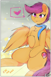 Size: 3600x5500 | Tagged: safe, artist:enryuuchan, scootaloo, pegasus, pony, g4, absurd resolution, beanbrows, chest fluff, clothes, cute, cutealoo, cutie mark, eyebrows, eyebrows visible through hair, female, filly, heart, scarf, smiling, solo, the cmc's cutie marks, tongue out, wing fluff