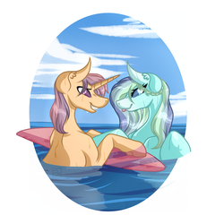 Size: 3818x3820 | Tagged: safe, artist:amazing-artsong, oc, oc only, oc:riptide, oc:tranquil wave, pegasus, pony, unicorn, couple, female, high res, looking at each other, male, oc x oc, shipping, smiling, straight, surfboard, water