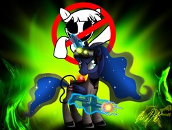 Size: 1280x970 | Tagged: safe, artist:mitsi1991, princess luna, alicorn, ghost, ghost pony, pony, g4, clothes, crossover, female, ghostbusters, glowing horn, horn, magic, signature, solo, telekinesis