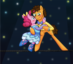 Size: 1001x884 | Tagged: safe, artist:crazynutbob, cheese sandwich, pinkie pie, g4, ballet slippers, blushing, bow, bowtie, clothes, dancing, dress, eye contact, female, looking at each other, male, ship:cheesepie, shipping, spotlight, straight, suit, tightrope
