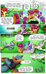 Size: 1800x2881 | Tagged: safe, artist:candyclumsy, apple bloom, derpy hooves, dragon lord torch, princess celestia, scootaloo, sweetie belle, alicorn, dragon, earth pony, pegasus, pony, unicorn, g4, accidental death, comic, cutie mark crusaders, dead, death, epic fail, fail, female, filly, flower, grimderp, gun, male, mare, on back, shotgun, speed lines, this will end in jail time