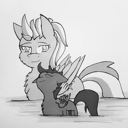 Size: 1024x1024 | Tagged: safe, artist:zalla661, lightning dust, scootaloo, pony, g4, behaving like a bird, monochrome, pegaduck, siblings, traditional art, water