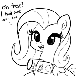 Size: 1650x1650 | Tagged: safe, artist:tjpones, fluttershy, pegasus, pony, g4, bust, cans, chest fluff, dialogue, double entendre, ear fluff, fake breasts, female, food, grayscale, looking at you, mare, monochrome, simple background, solo, tomato, white background