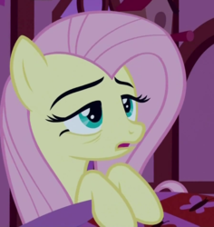 Size: 892x944 | Tagged: safe, screencap, fluttershy, pony, g4, the super speedy cider squeezy 6000, bags under eyes, bed, blanket, cropped, female, open mouth, solo, tired