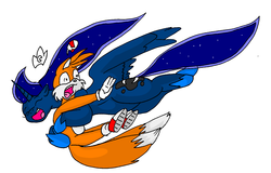 Size: 1614x1030 | Tagged: safe, artist:large-rarge, princess luna, g4, crossover, emoticon, glomp, male, miles "tails" prower, smiling, sonic the hedgehog (series), surprised, tackle