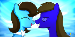 Size: 2400x1200 | Tagged: safe, artist:egstudios93, oc, oc only, oc:bella voce, oc:fuaim non ton, oc:soundwave, pony, eyes closed, female, male, mare, nuzzling, stallion, straight