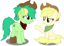 Size: 1280x922 | Tagged: safe, artist:buckeyescozycafe, oc, oc only, oc:graze rancher, oc:kernel crop, earth pony, pony, duo, female, hat, hay stalk, mare, simple background, sitting, straw in mouth, transparent background