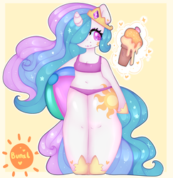 Size: 3400x3500 | Tagged: safe, artist:bunxl, princess celestia, alicorn, anthro, semi-anthro, unguligrade anthro, g4, anatomically incorrect, arm hooves, beach ball, belly button, bikini, clothes, ethereal mane, female, food, heart, heart eyes, high res, ice cream, incorrect leg anatomy, mare, smiling, solo, sparkly mane, sparkly tail, starry eyes, starry mane, starry tail, swimsuit, tail, wide hips, wingding eyes