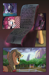 Size: 714x1080 | Tagged: safe, artist:tswt, applejack, pinkie pie, rarity, twilight sparkle, comic:friendship update, g4, alternate hairstyle, braid, chicken coop, comic, fence, food, forest, letter, magic, one eye closed, rope, tea, tornado, window, yawn