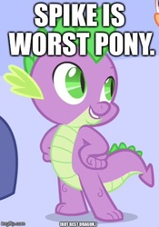 Size: 341x487 | Tagged: safe, edit, edited screencap, screencap, spike, g4, bait and switch, best dragon, cropped, cute, fine print, image macro, male, meme, op is a duck, solo focus, worst pony