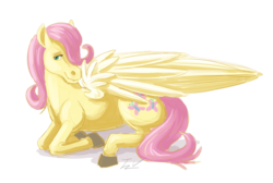 Size: 1903x1280 | Tagged: safe, artist:verumtee, fluttershy, horse, pegasus, pony, g4, female, hoers, mare, prone, simple background, smiling, solo