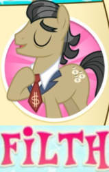 Size: 597x937 | Tagged: safe, filthy rich, earth pony, pony, g4, caption, expand dong, exploitable meme, filth, image macro, male, meme, necktie, pun, raised hoof, solo, wow! glimmer