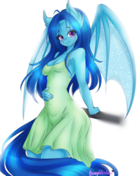 Size: 1024x1311 | Tagged: safe, artist:bunnywhiskerz, oc, oc only, oc:nightingale mane, bat pony, anthro, anthro oc, armpits, bat pony oc, belly button, breasts, clothes, dress, female, mare, pregnant, simple background, solo, white background