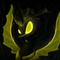 Size: 1000x1000 | Tagged: safe, artist:konsumo, oc, oc only, changeling, black and yellow, changeling oc, dark, magic, solo, wings, yellow, yellow changeling, yellow eyes